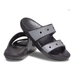 CROCS Classic Glitter 2 Strap Slide Sandal Womens Sz 10 Slip On Black / Silver!